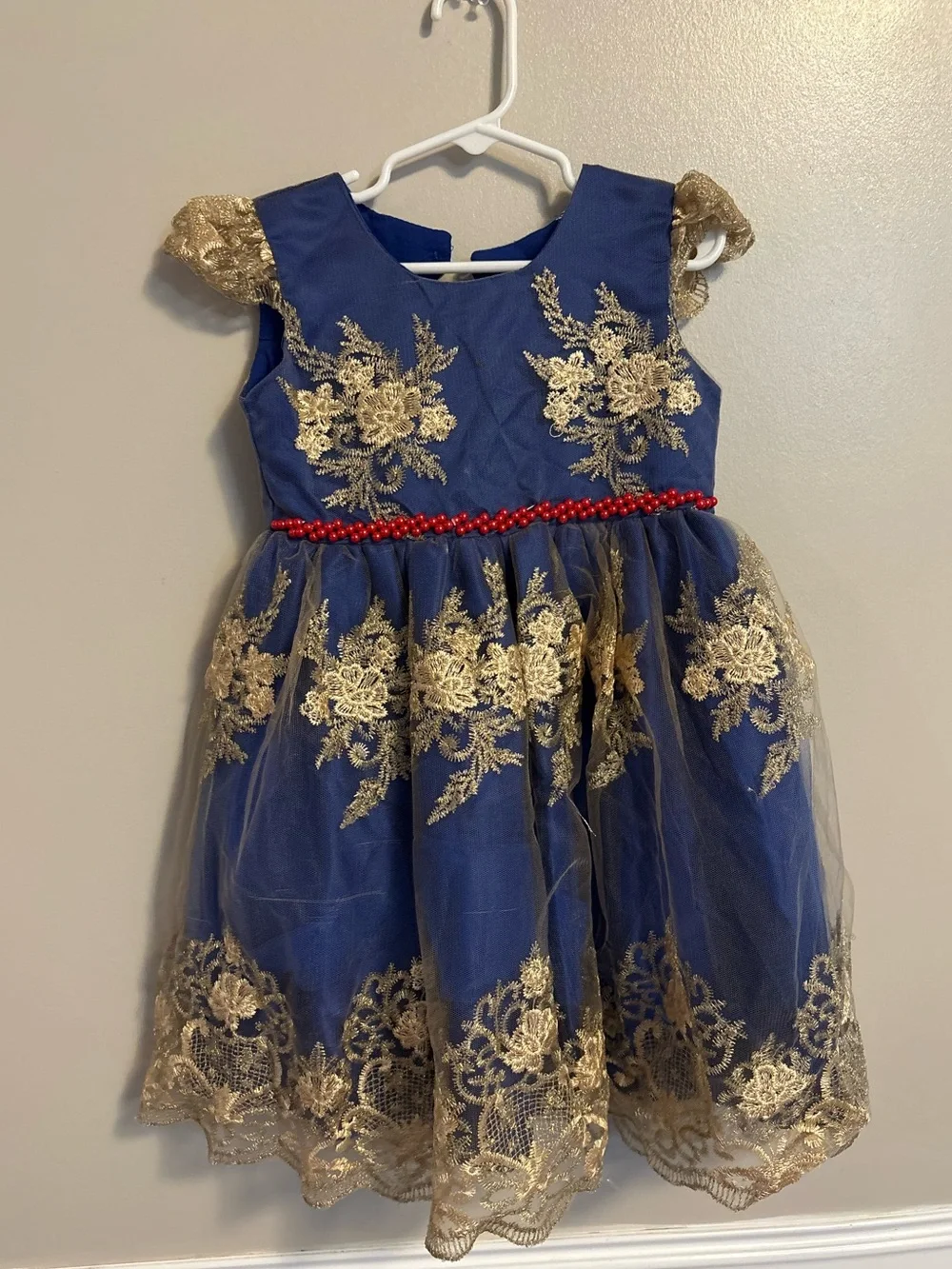 Navy Blue & Gold Floral Lace Girls' Party Dress